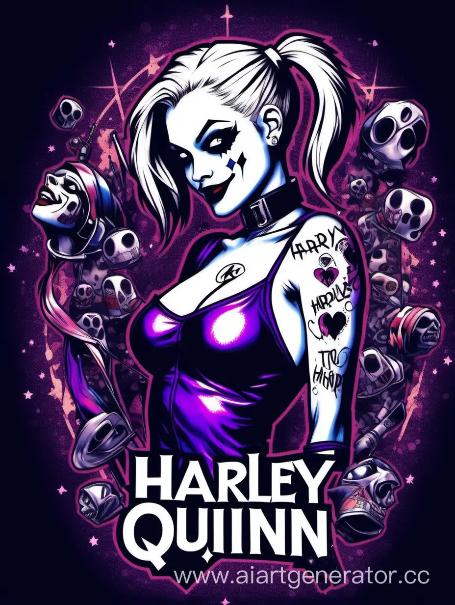 Харли квин, темно фиолетово космический задний фон, анфас, по пояс,
На груди тату надпись  "Harley", 