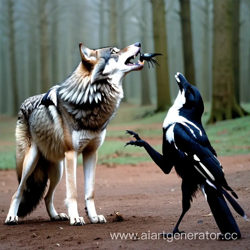 a wolf talks to a magpie