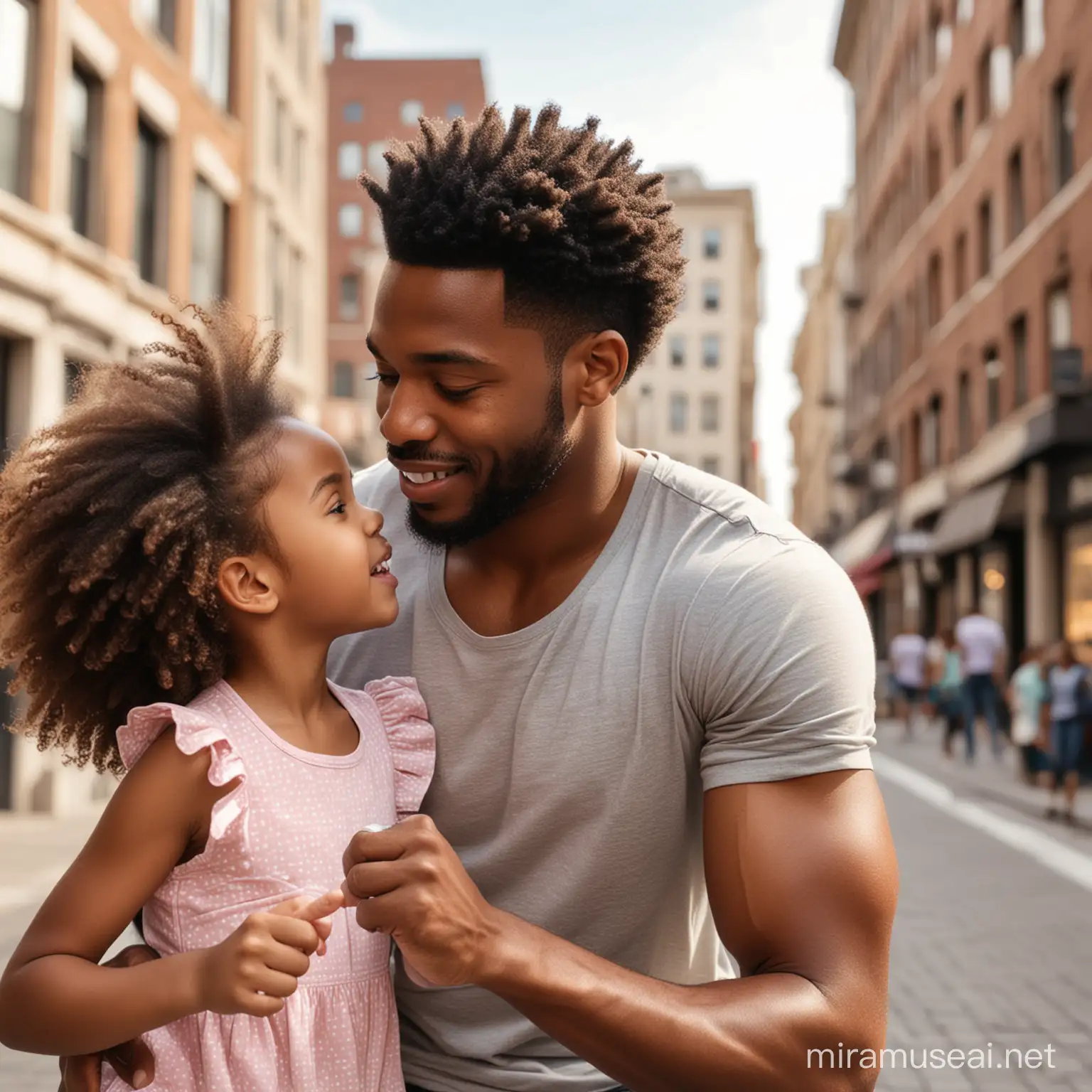 realistic image of a handsome african American man playing with his daughter looking in the city