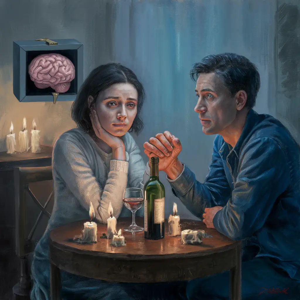 The woman and the man are sitting at the table. The woman has put her brain in a corner