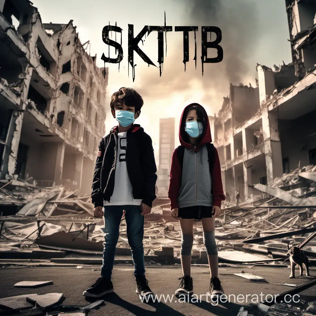Девушка и парень в масках стоят на фоне разрушенного города,а сзади надпись "SKTB"