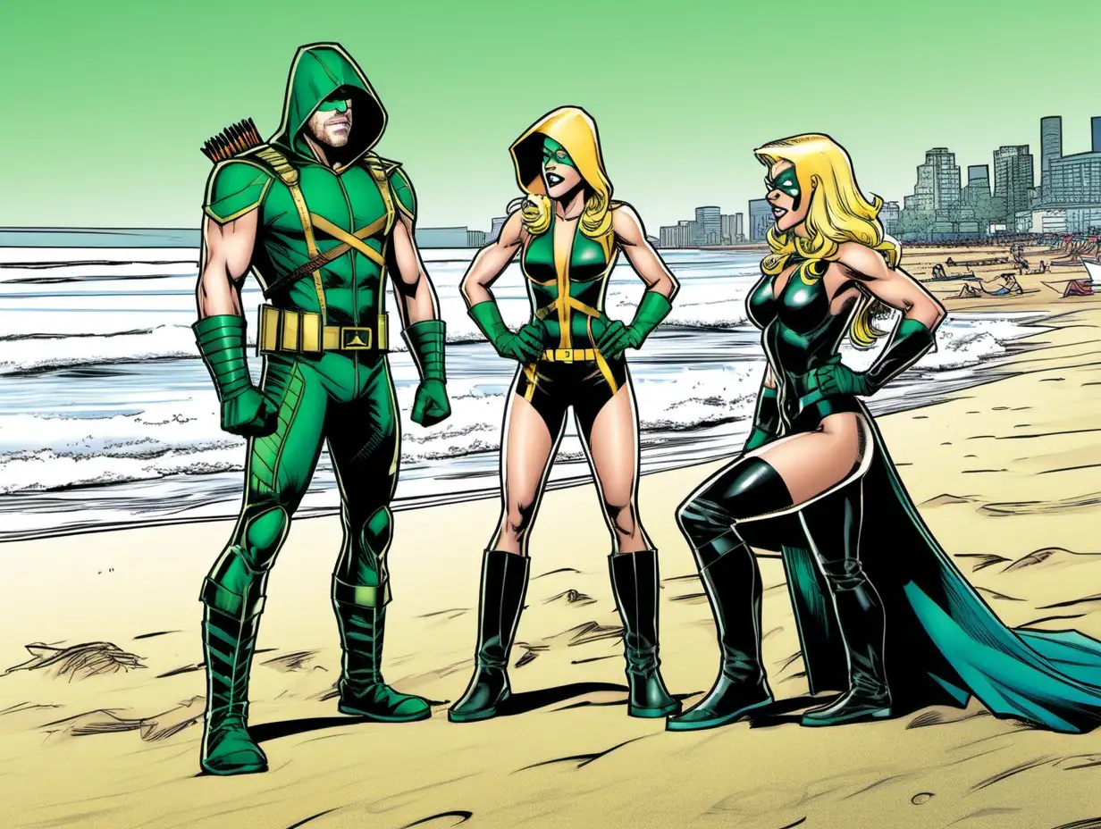Green Arrow and Speedy Admire Black Canarys Beachside Elegance in Comic Style