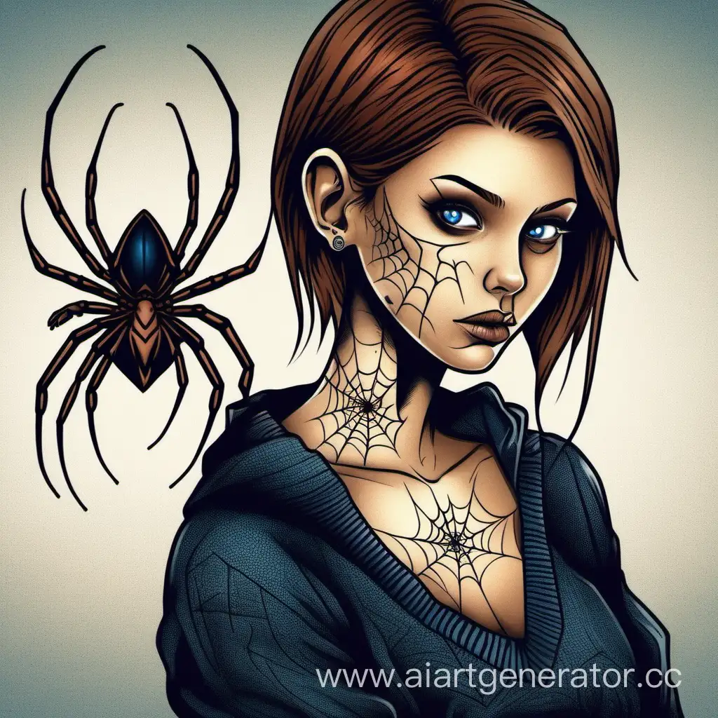 Девушка с коричневыми волосами, голубыми глазами, в черной кофте,
грудь 2 размер во весь рост с татуировка за ухом в виде паука