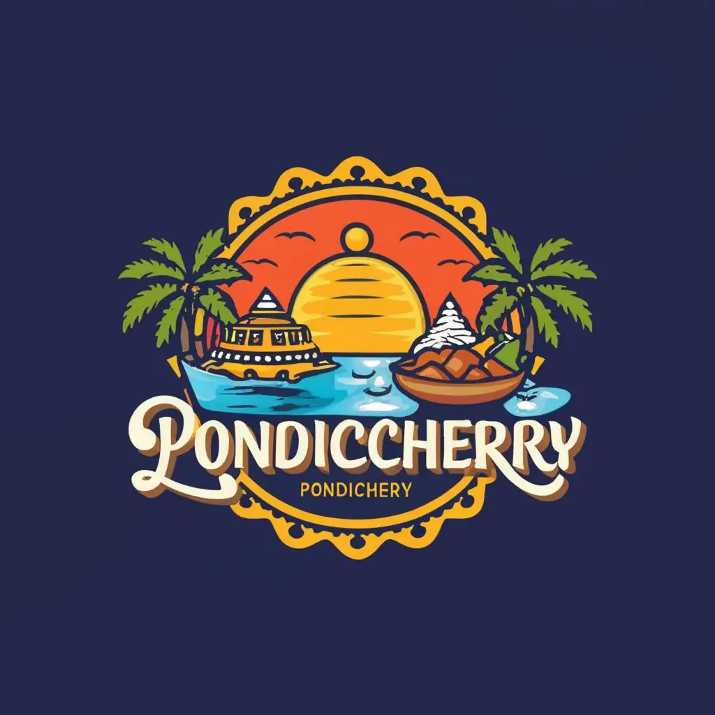 a logo design,with the text "Visit Pondicherry", main symbol:indianfood/beach/temples,Moderate,be used in Travel industry,clear background