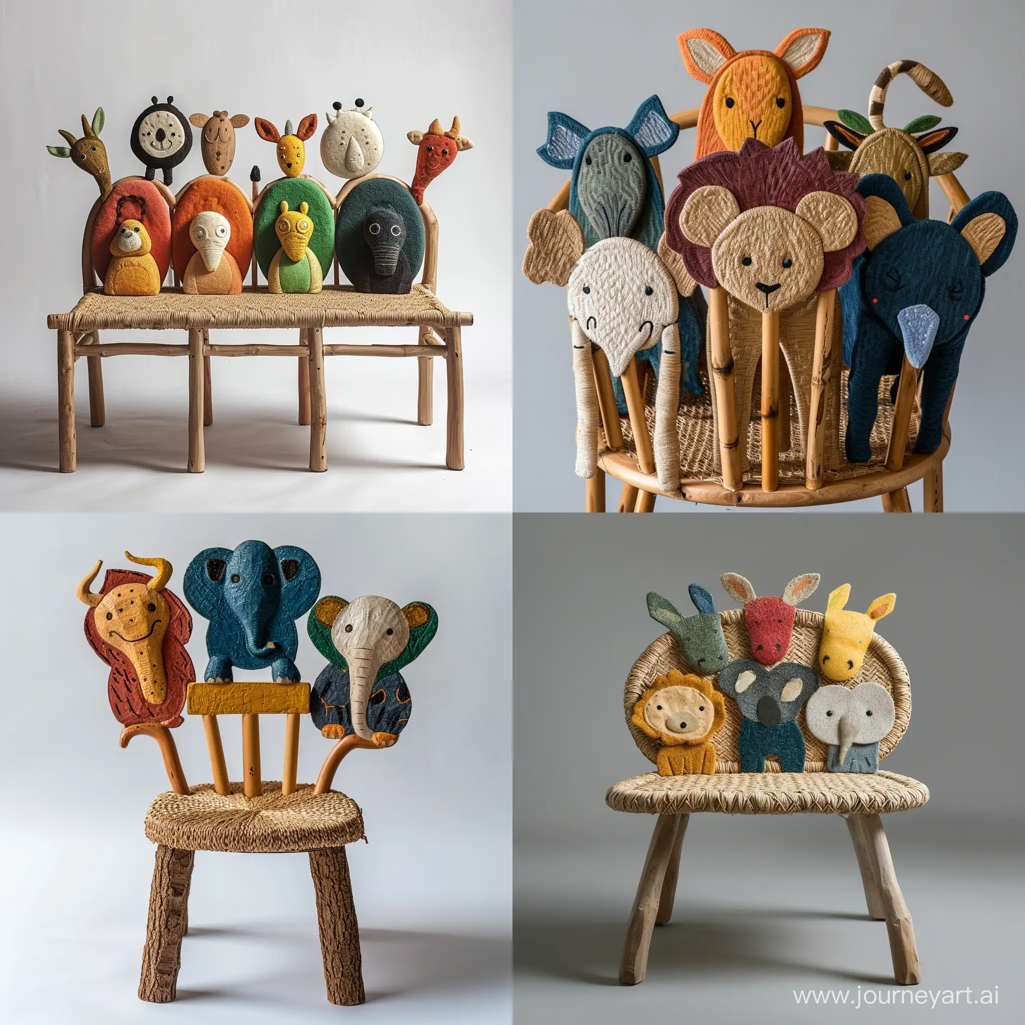 imagine an image of a sturdy children’s chair inspired by cute safari animals, with backrests shaped like different creatures. Use recycled wood for the frame and woven plant fibers for seating areas, depicted in colors representative of the chosen animals. The seat should stand approximately 30cm tall, built to educate about wildlife and ensure durability.realistic style