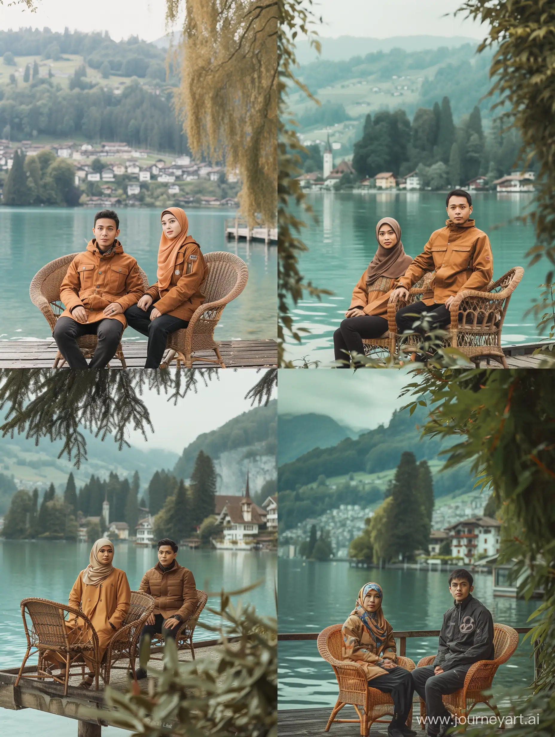 A pair of men and women wearing Javanese Indonesian hijabs (25 years old, long and clean faces, Indonesian hair, thin bodies, brown skin, cool and beautiful season jackets, standing posing like models in Switzerland, behind them are hills and lakes. Photo slightly tilted to the side , faces look clear and detailed, sitting on beautiful wicker chairs, there are dense trees, the edge of a calm lake with a beautiful backdrop of Swiss mountains and buildings that look rather small, they seem to be enjoying the beautiful view with clear lake water and green mountains. The wooden pier where they were standing was there, dense trees behind them, providing a beautiful view of the location, the two of them were sitting on beautiful chairs, low lighting, ultra HD, the photo had to be close to the camera and only up to the shoulders. full body, real photo , very detailed, photography, very sharp, 18mm lens, realistic, photography, Leica camera
