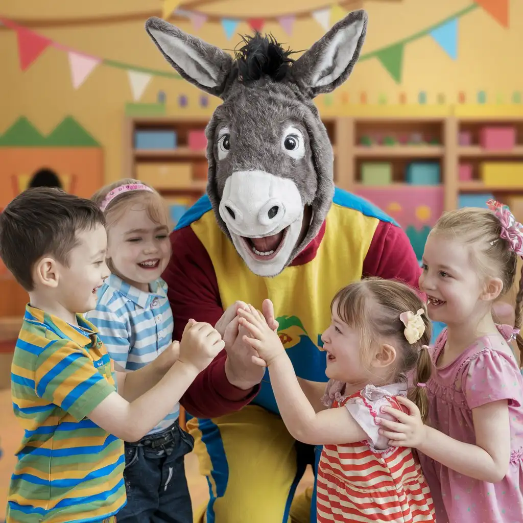 Man donkey head playing with kids in the kindergarden