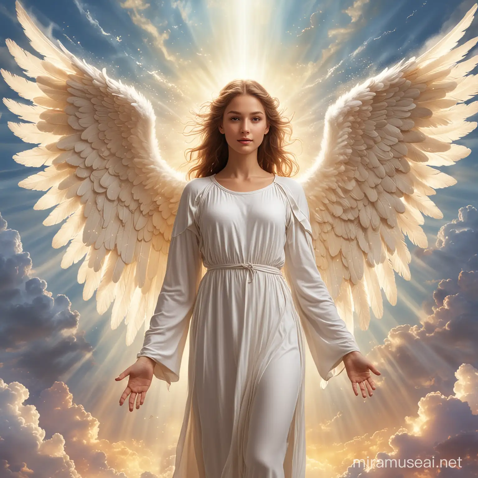 Heavenly Angel with Glowing Wings in Celestial Atmosphere
