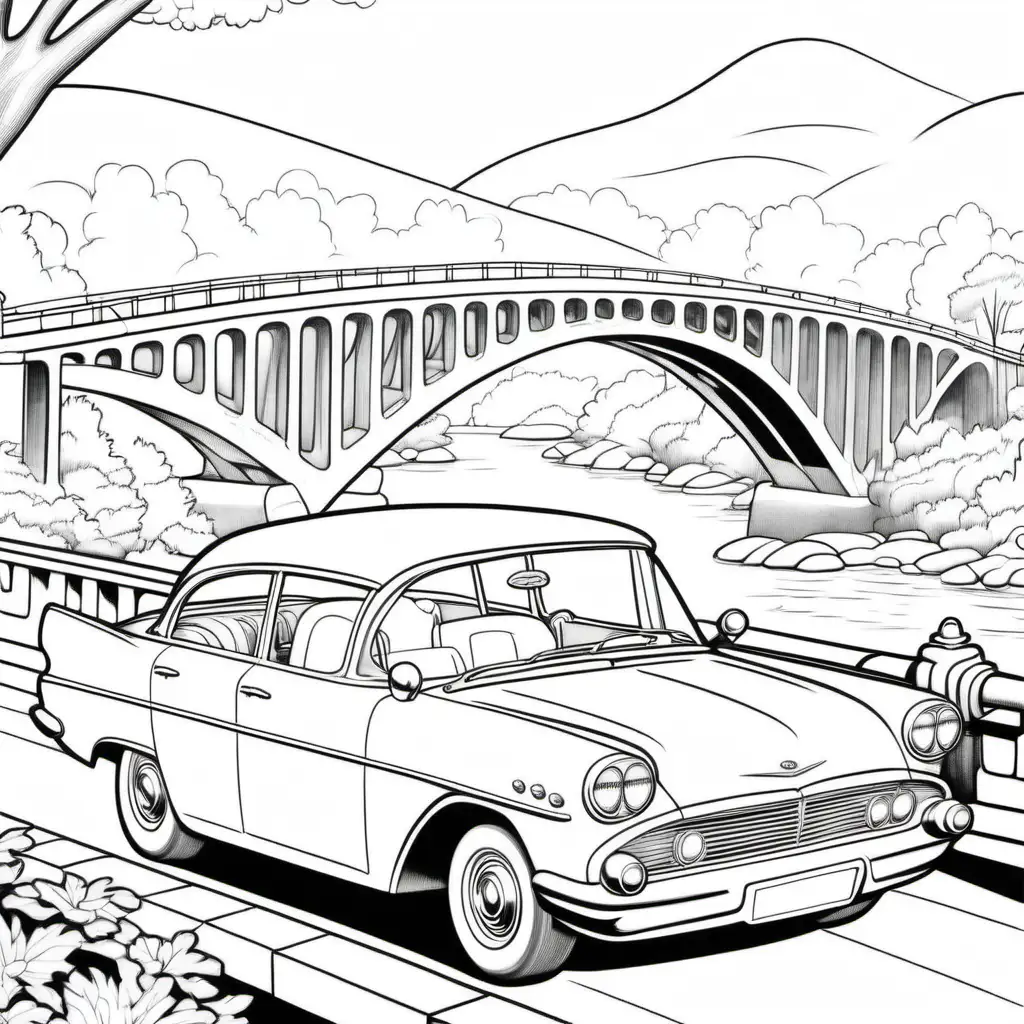 colouring page for kids , car of 1960 vintage ,      , bridge  ,
cartoon style , thick lines , low detail , no shading --r 911
