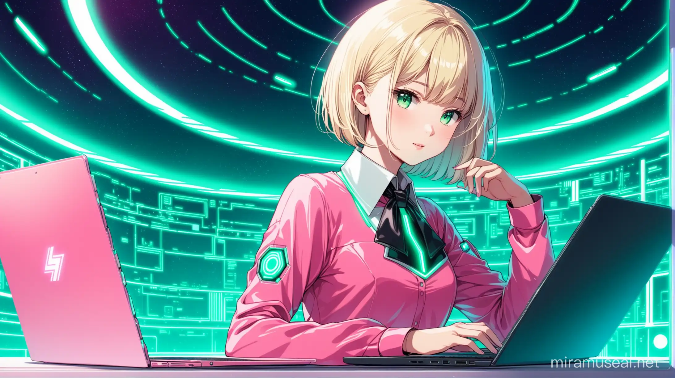 Platinum Blonde Girl Working on Laptop in Futuristic MintColored Environment