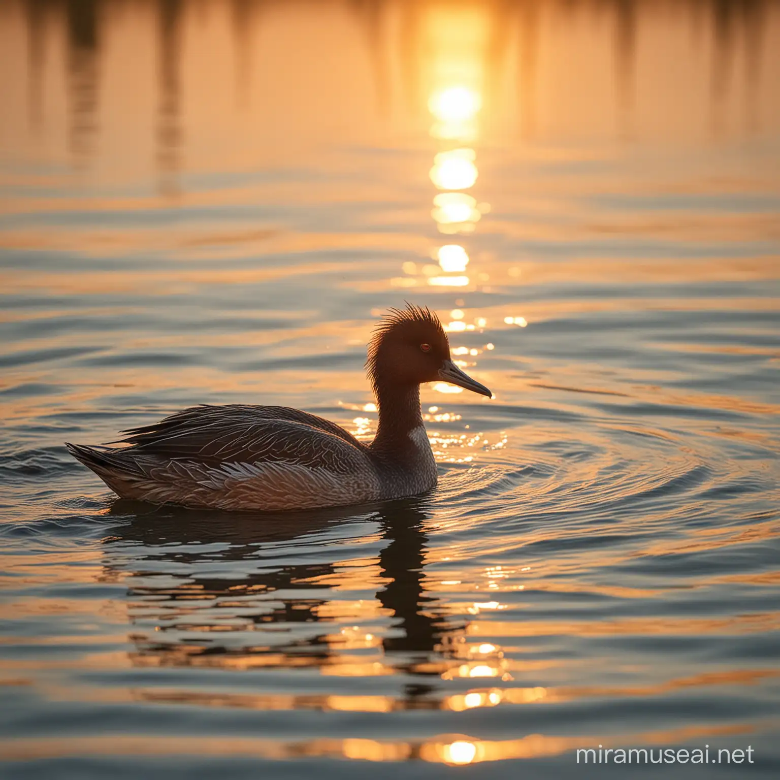 Professional nature photography of a Podiceps cristatus swimming in the water, with the sunset in the background. The style is natural and realistic. The composition highlights the Podiceps cristatus and creates a calm, peaceful, and beautiful atmosphere. 
