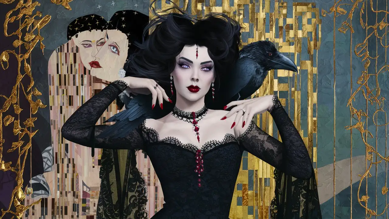 Digital painting of a beautiful female goth, dark hair, white skin, violet eyes, red lips and nails. Elegantly dressed in black lace and ruby jewels. Dramatically poses with a raven on her shoulder. Background Gustav Klimt, The Kiss, with gold foil accents.
