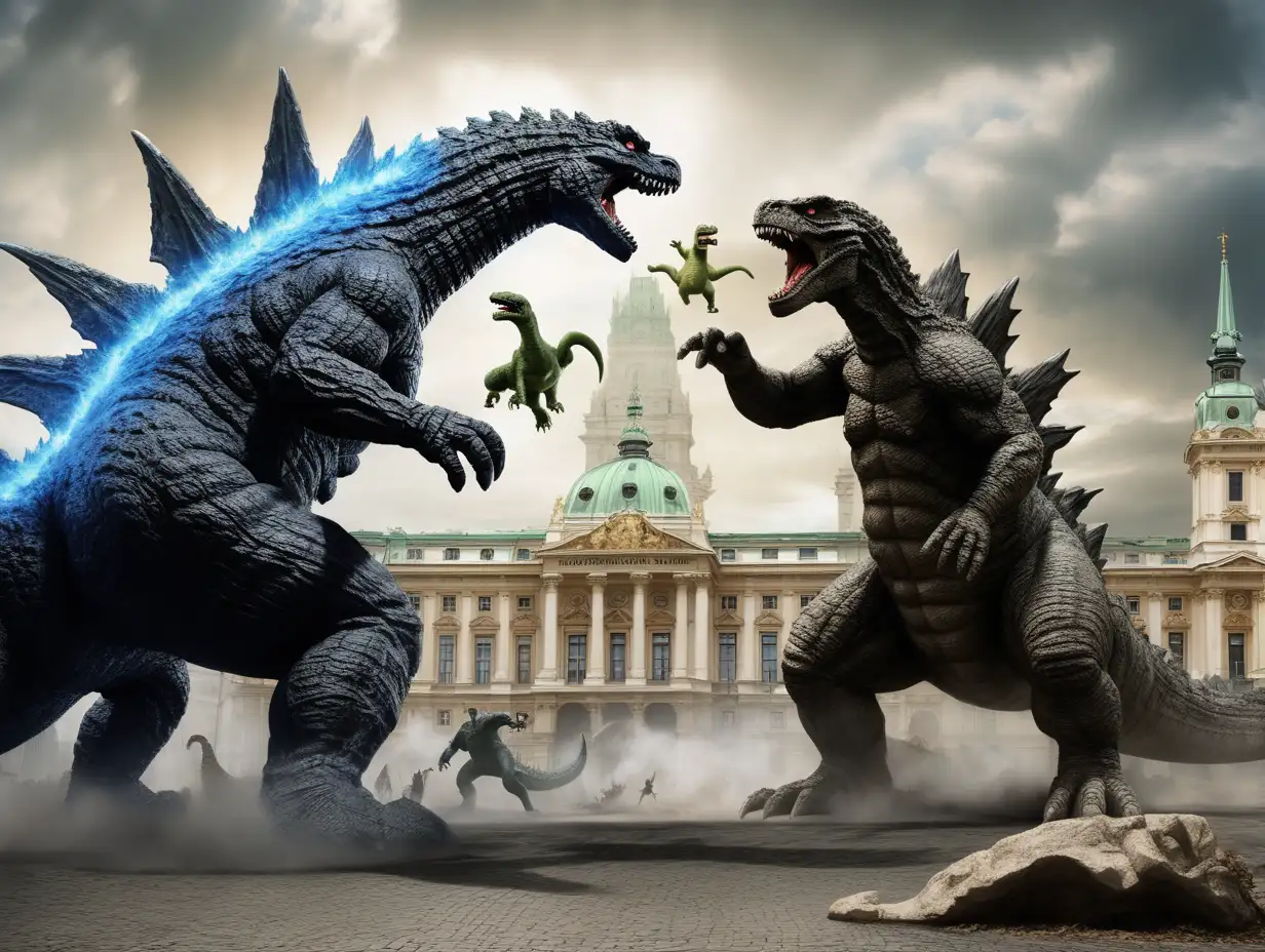 Godzilla fighting  dinosaurs in 1200's Vienna 