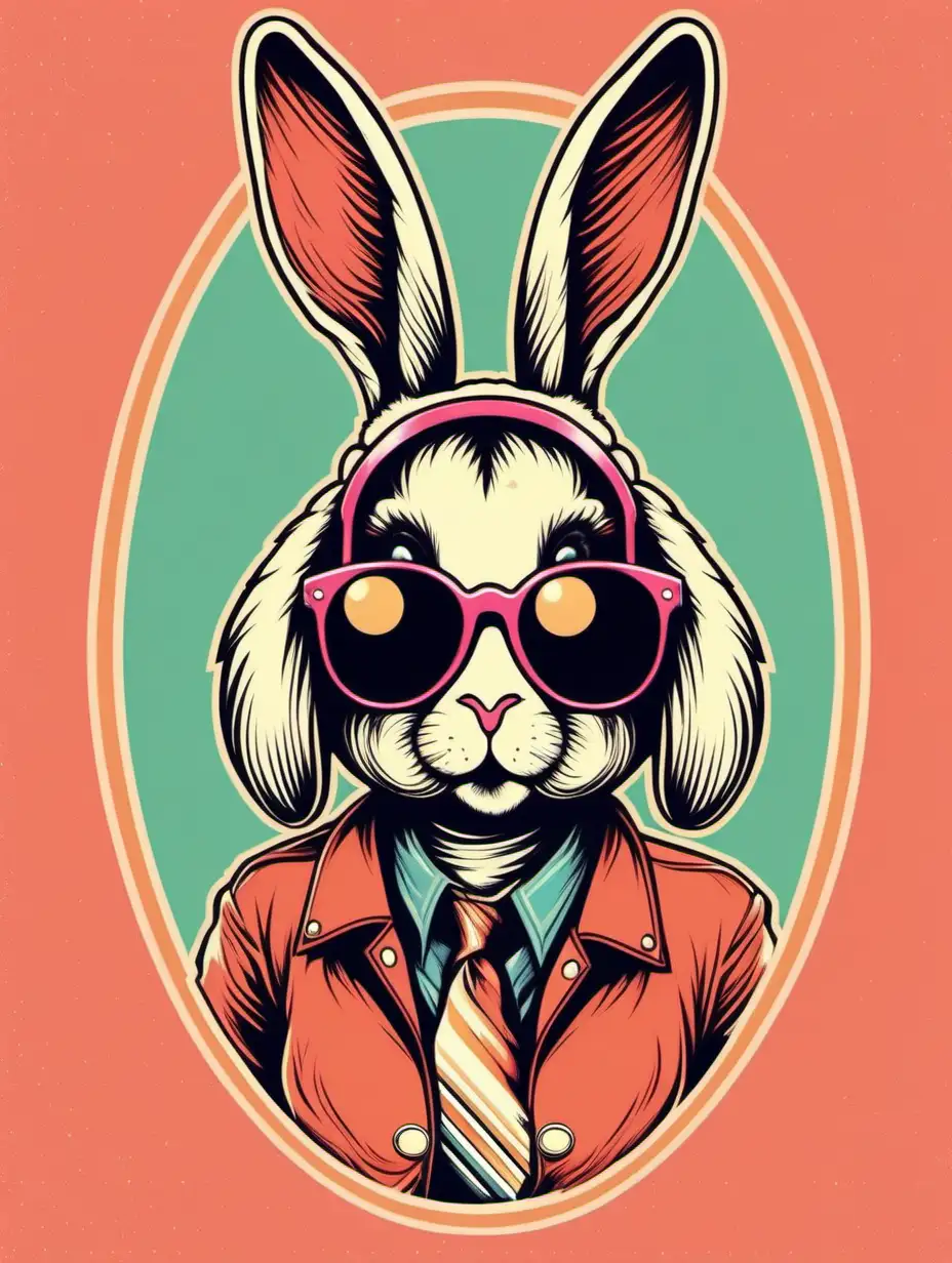 Anthropomorphic Female Bunny Rabbit with Retro Vapor 70s Art Style and Sunglasses