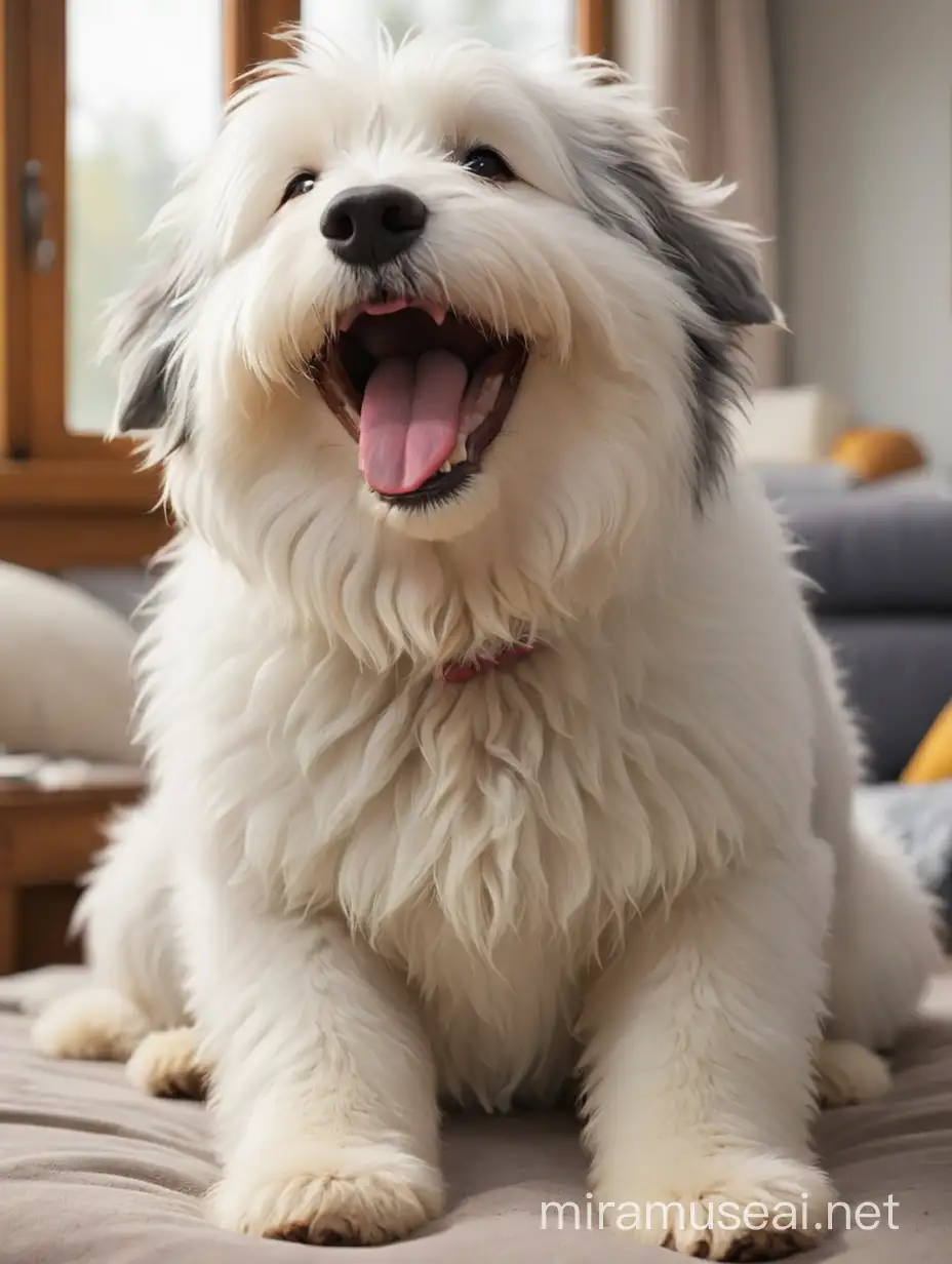 Old English Sheepdog breed dog waking up his owner with his tongue, she is smiling