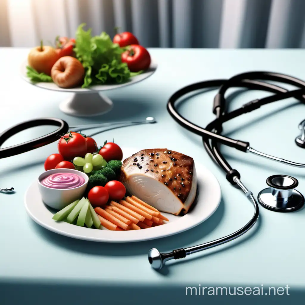  mesa servida con comida y a lado un estetoscopio de medico elegante, realista