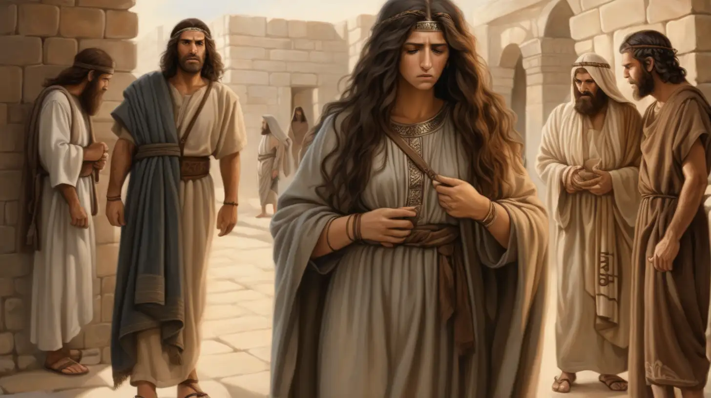 Angry Hebrew Woman Holding Sandal Next to Sad Hebrew Man