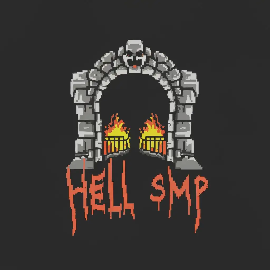 logo, Hell Gate with Pixel Style, with the text "HELL SMP", typography