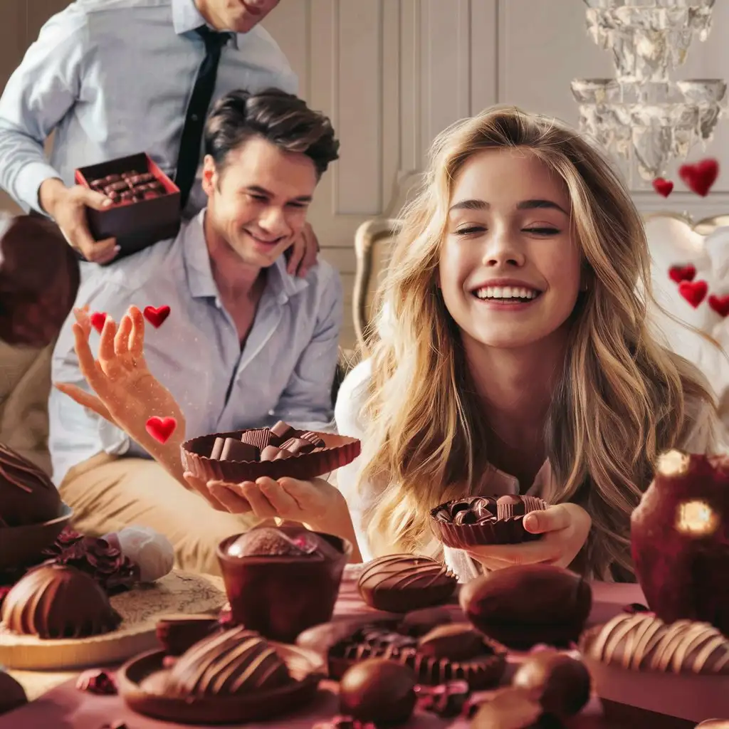 A premium ad with a girl very happy from chocolates gifted by boyfriend