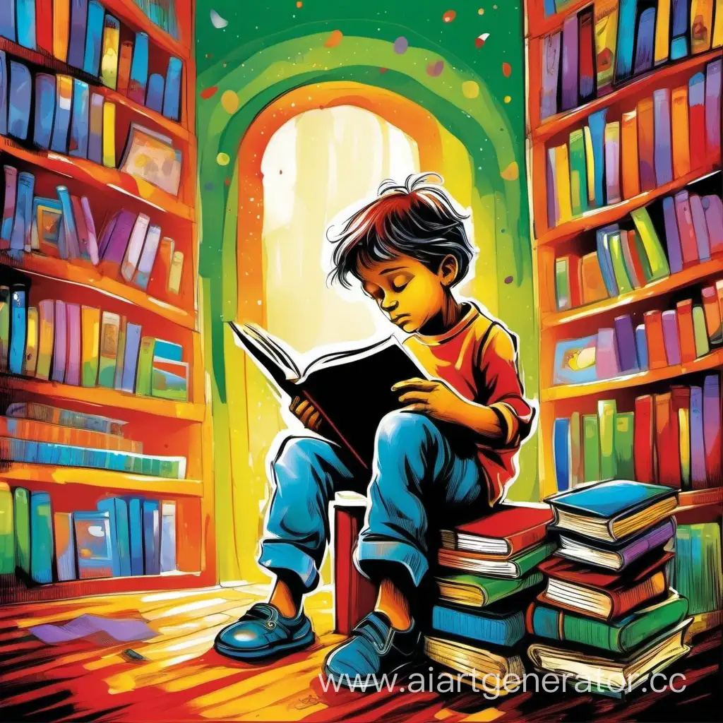 ребенок с книгой задумался и забыл что читал, красочно, весело, разукрашен в цвета, мультяшно

