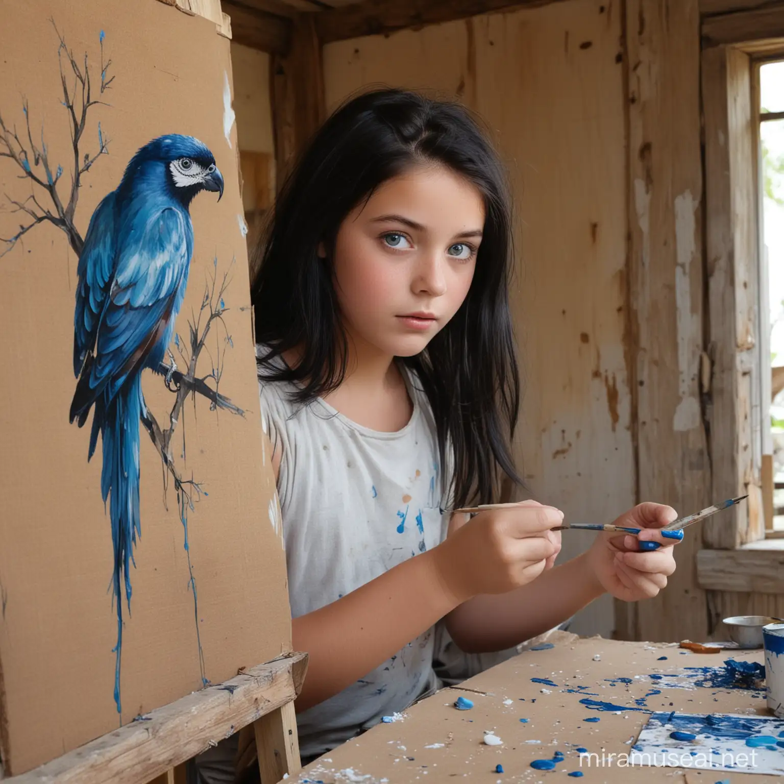 Now, remember the girl, you have just created with black hair and blue eyes, is in the shack. She is painting a bird. And Bird is going to be alive.