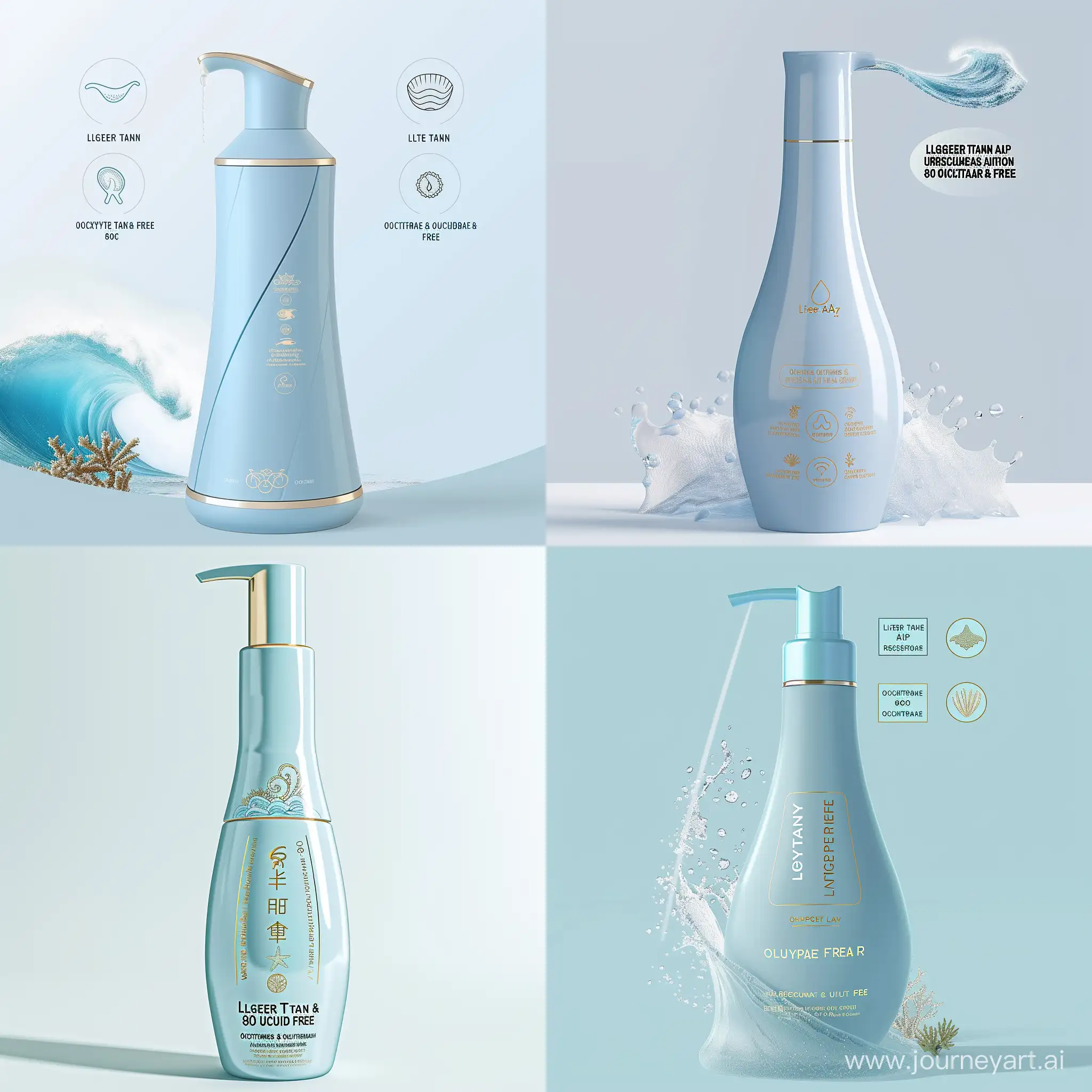 imagine a sleek, baby blue bottle. The bottle should have a dispenser and look luxorious and synoblize pleasure. The labels on the bottle  should be "Lighter-Than-Air" , "Water-Resistant (80 minutes)", "Oxybenzone & Octinoxate free." They should be wrtitten in gold color. Additionally, include symbols representing the product being eco-friendly, cruelty-free, and vegan attributes. Also add a small image of a wave and a coral reef