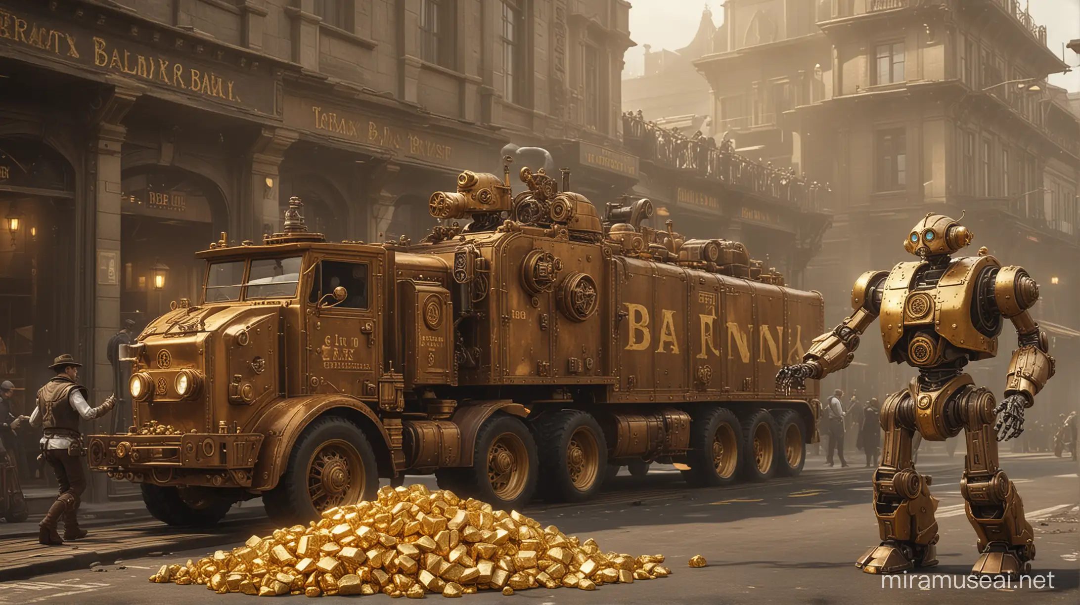 two steampunk robots unload golden nuggets from the trailer of a large steampunk truck in front of a steampunk bank.