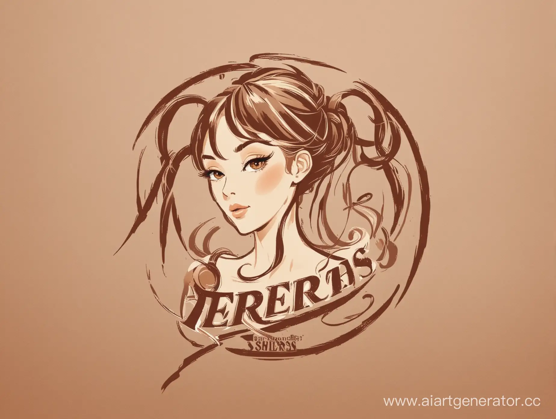 логотип - ириски, шоколадный, ,бежевый, женская голова, прическа, ножницы парикмахера