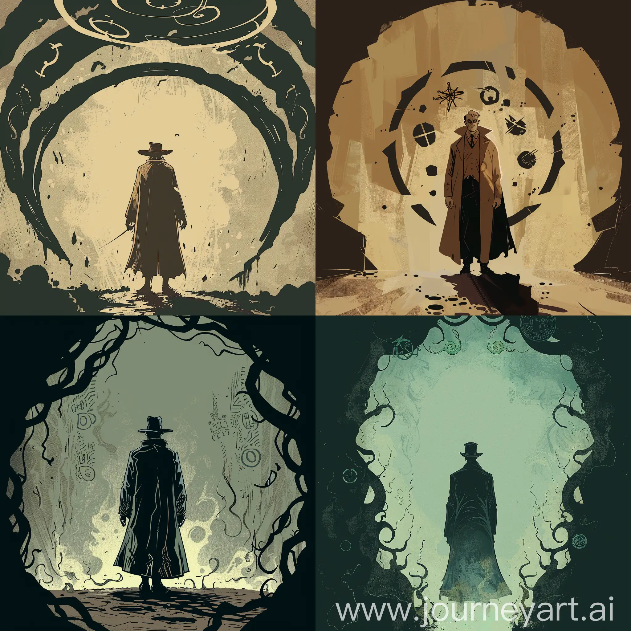  Craft an image of a solitary detective delving into supernatural mysteries, depicted in Mike Mignola's art style. The character should be framed by an aura of eldritch symbols, with pronounced shadows and a minimal color palette that evokes a sense of the arcane.