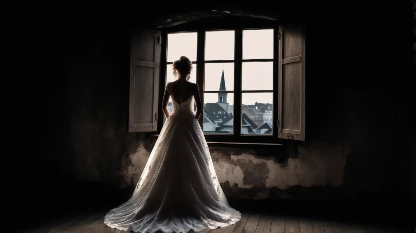 W ciemnym pomieszeniu na strychu stoi na tle dużego okna panna młoda w sukni ślubnej. Panna młoda od tyłu. Za oknem stare miasto z lampami ulicznymi w nocy. 