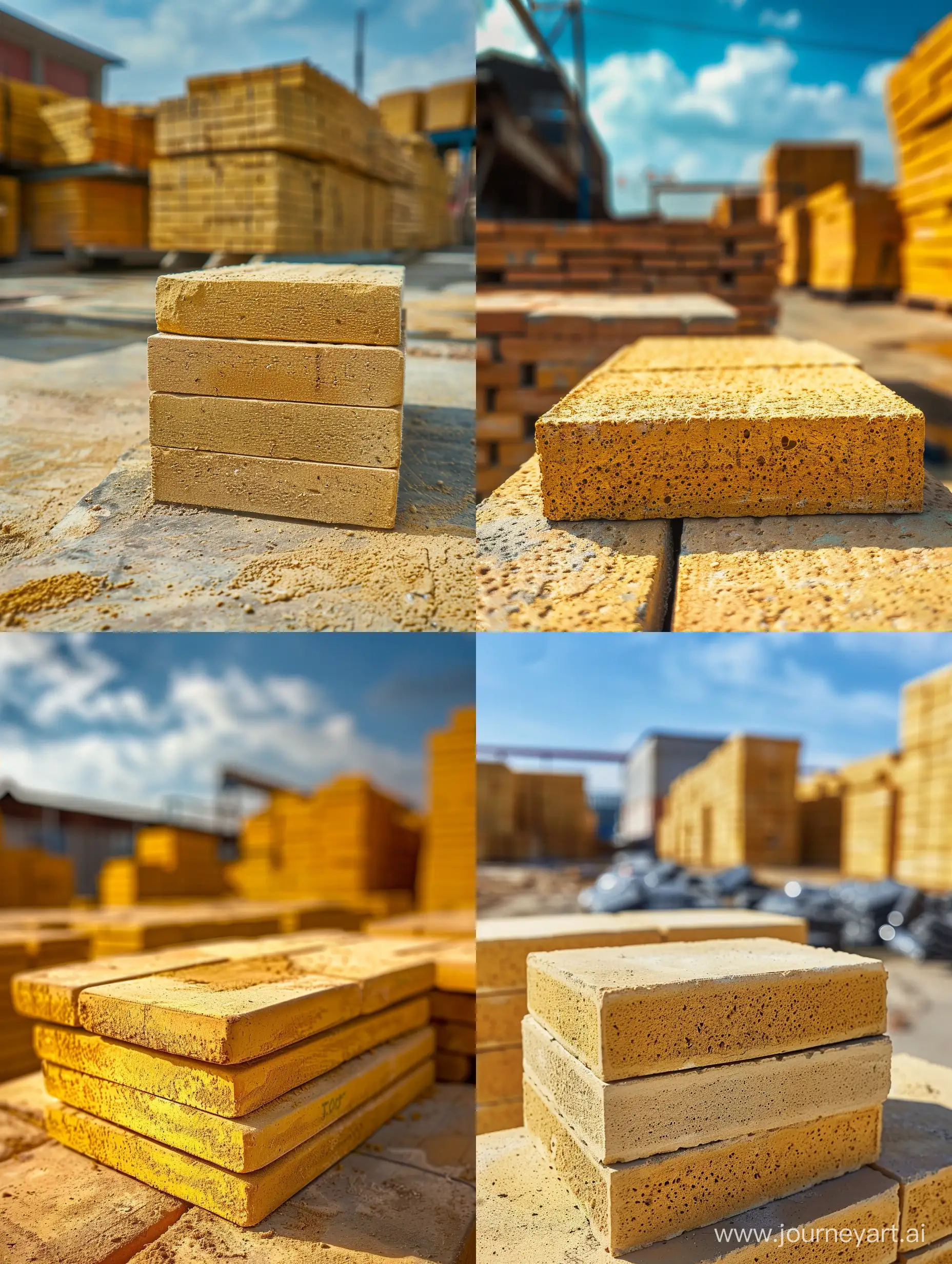 a  stack of yellow normal brick placed on each other, a close up photo, background is a brick factory  and stacks of bricks blurred out