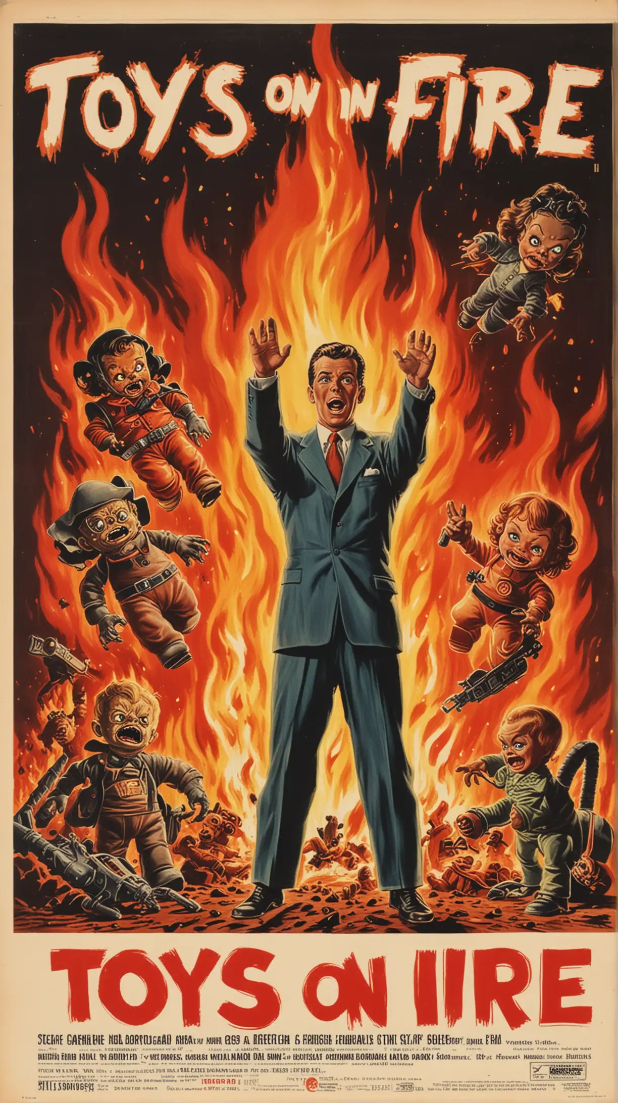 toys on fire
[style: 1950s horror poster]