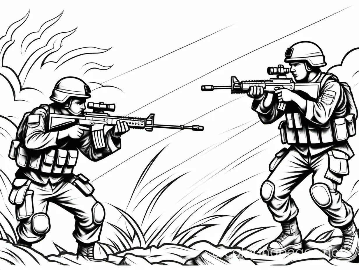 Combat-Soldiers-Shooting-in-War-Coloring-Page-Black-and-White-Line-Art