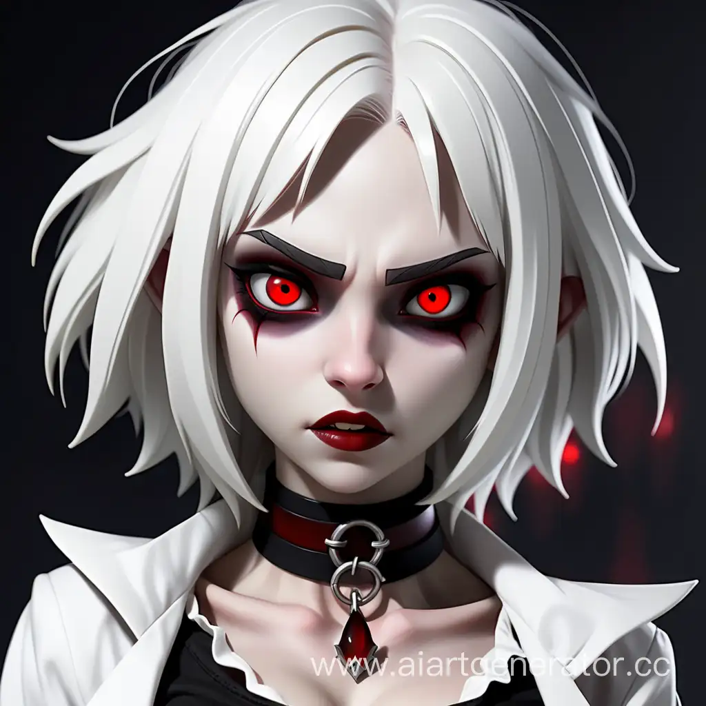 девушка вампир с белыми волосами и красными  глазами на шее чокер. одежда короткий топ поверх топа белая рубашка