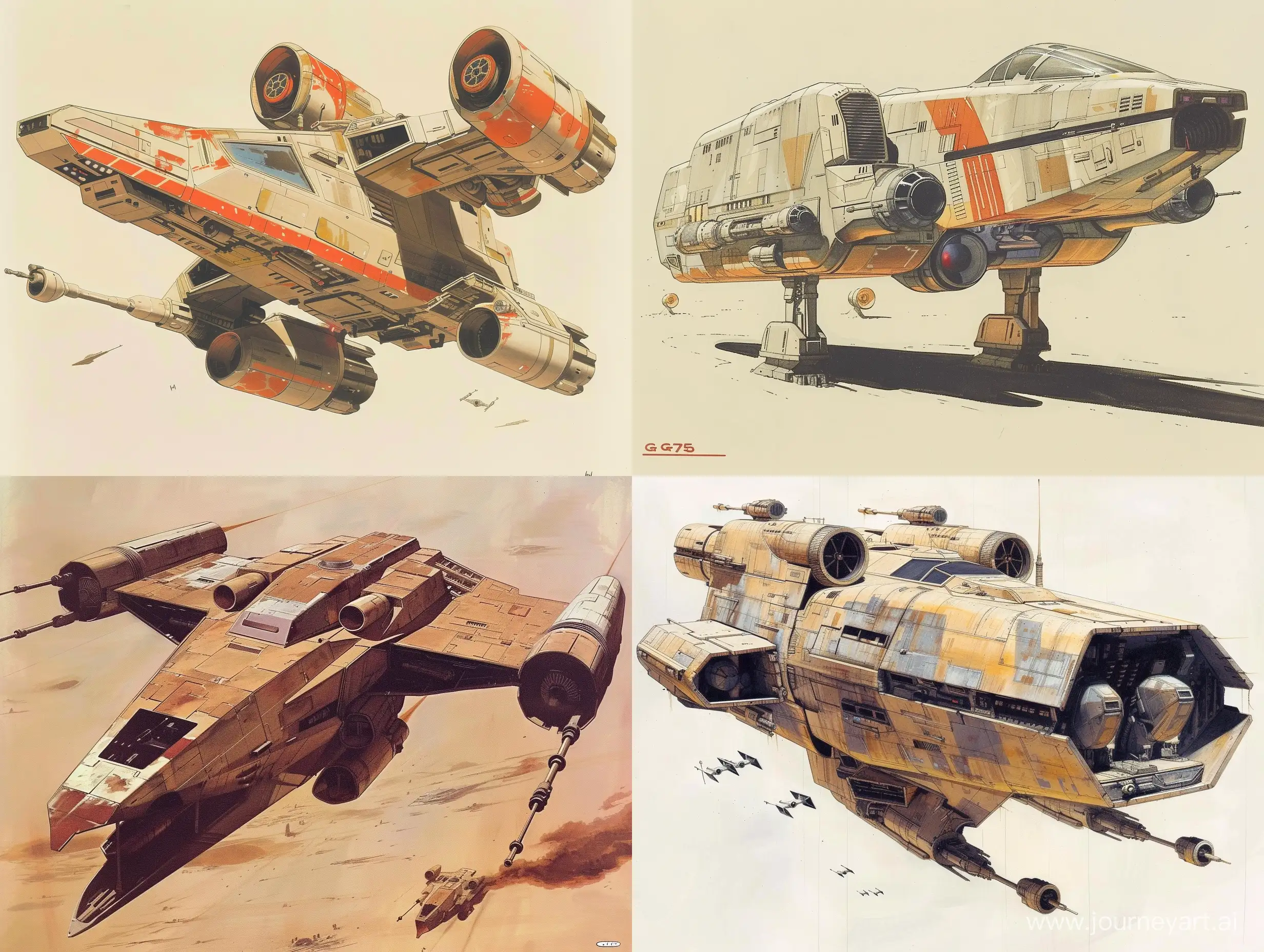 Old concept art the GR-75 Rebel Transport by Ralph McQuarrie.  In retro science fiction art style. in color. star wars. 