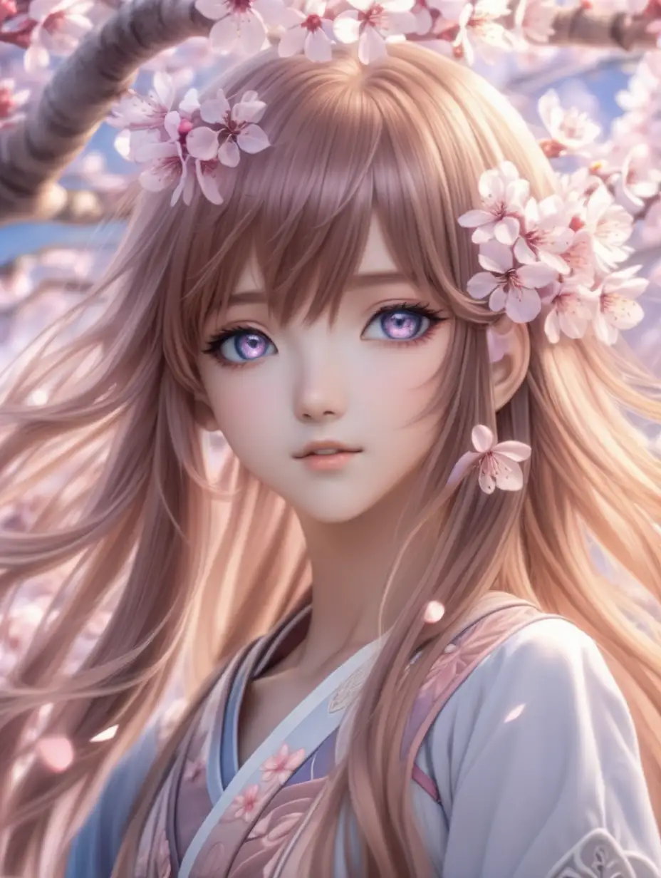 In a serene garden, an anime-style girl with luminous eyes and flowing, vibrant hair captivates with an aura of ethereal beauty. Cherry blossoms dance around her, enhancing the enchanting atmosphere as she embodies a perfect blend of grace and charm in the anime world, intricate details, detailed face, detailed eyes, hyper realistic photography,--v 5,