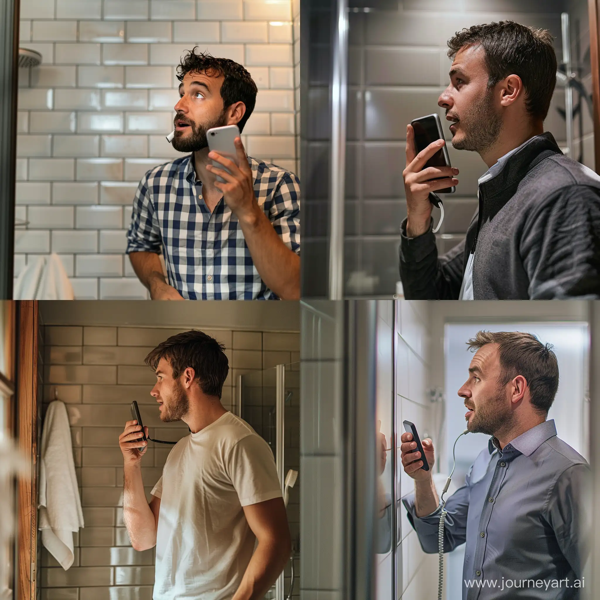 A man talking with phone in the bathroom wondering