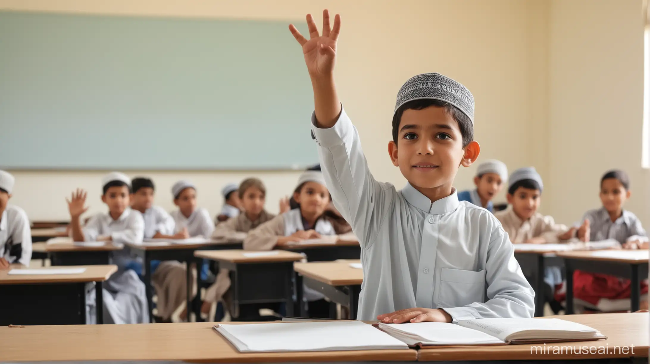 Muslim Boy Participating in Islamic Classroom Discussion