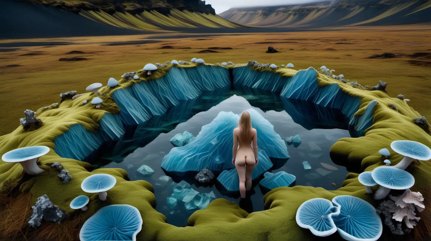 Psychedelic landscape, Icelandic mountains large crystalline bluish minerals, nude woman in center, Moss, striated mushrooms, and water on the ground, serene, euphoric