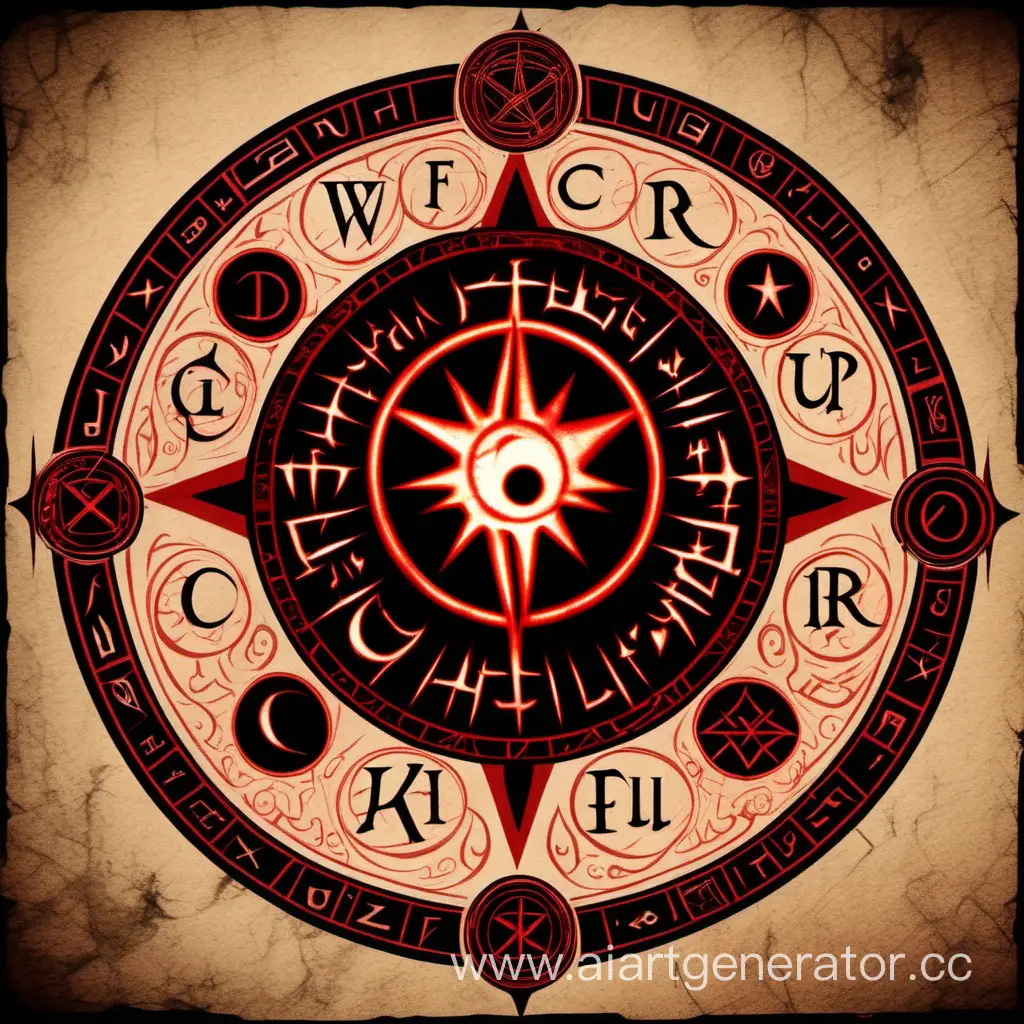 Тëмный герб клана Walfurgis, красный светящийся круг, в центре большая звезда с глазом, круг с руническим алфавитом, 2D, не объебный