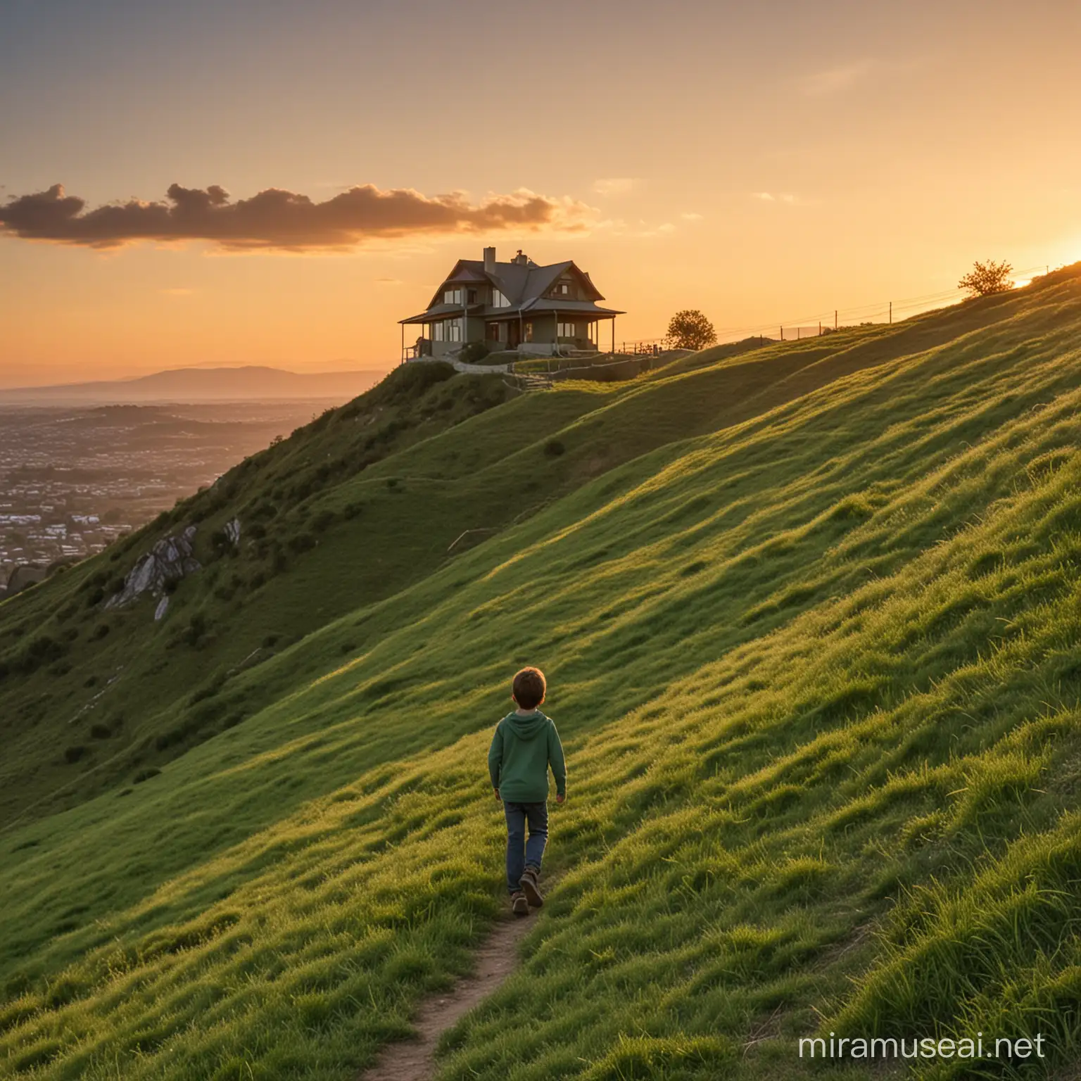 house on a hill, young boy walking up the hill, green, sunset