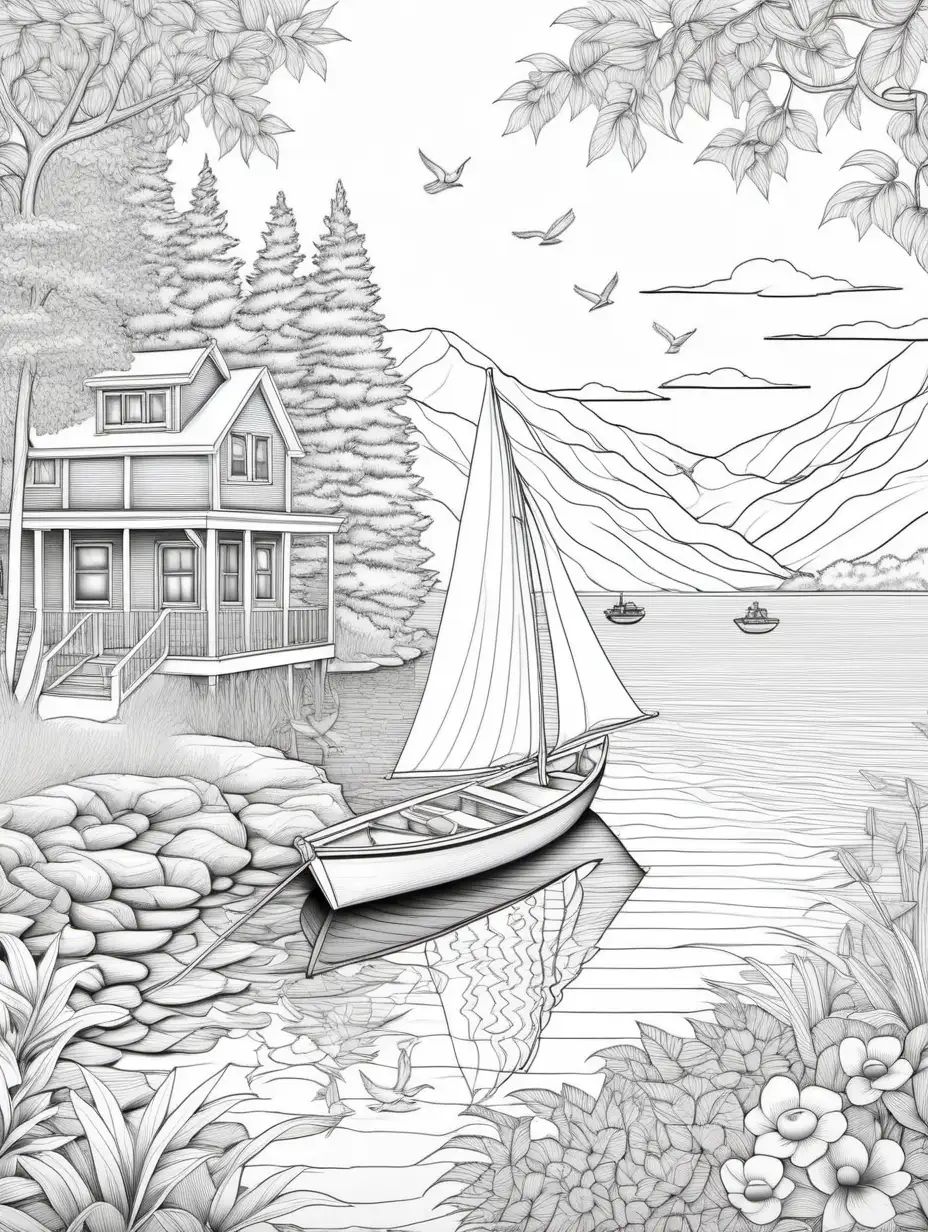  adult coloring book, peaceful boating scene, high detail, no shading,  


