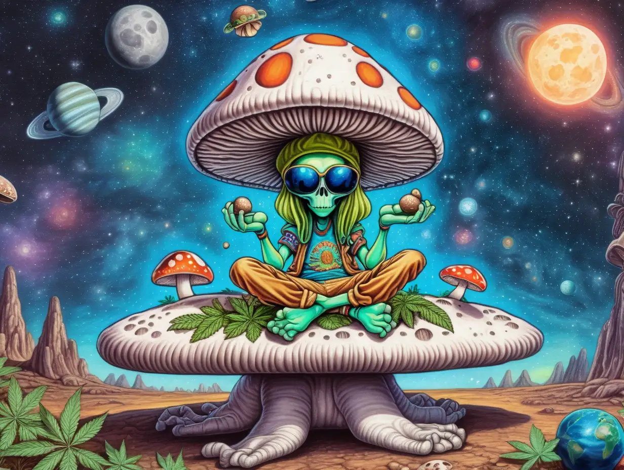 a hippie alien sitting crosslegged on top of a mushroom flying saucer; in space with bright planets and the moon in the background; cannabis and mushroom themed

