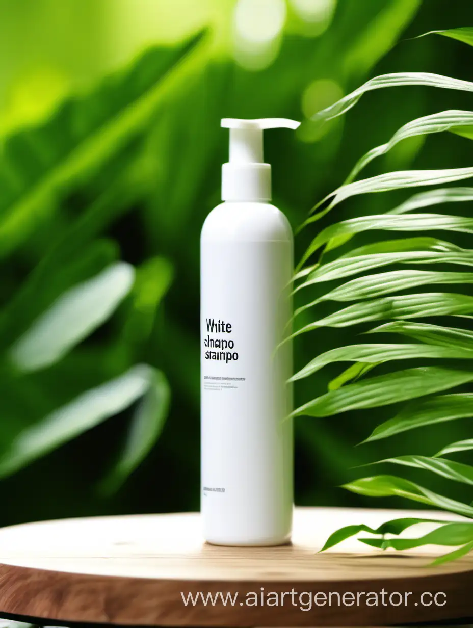 CloseUp-of-White-Shampoo-Bottle-on-Wooden-Podium-with-Green-Plants-in-Background