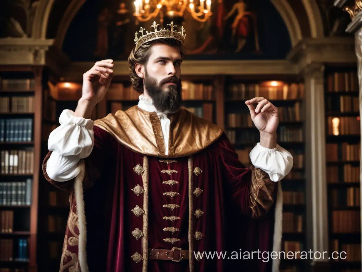 очень красивый, сексуальный харизматичный, высокий мужчина с красивой бородой и в роскошном ренессанском одеянии стоит в библиотеке, держа в руках свою корону