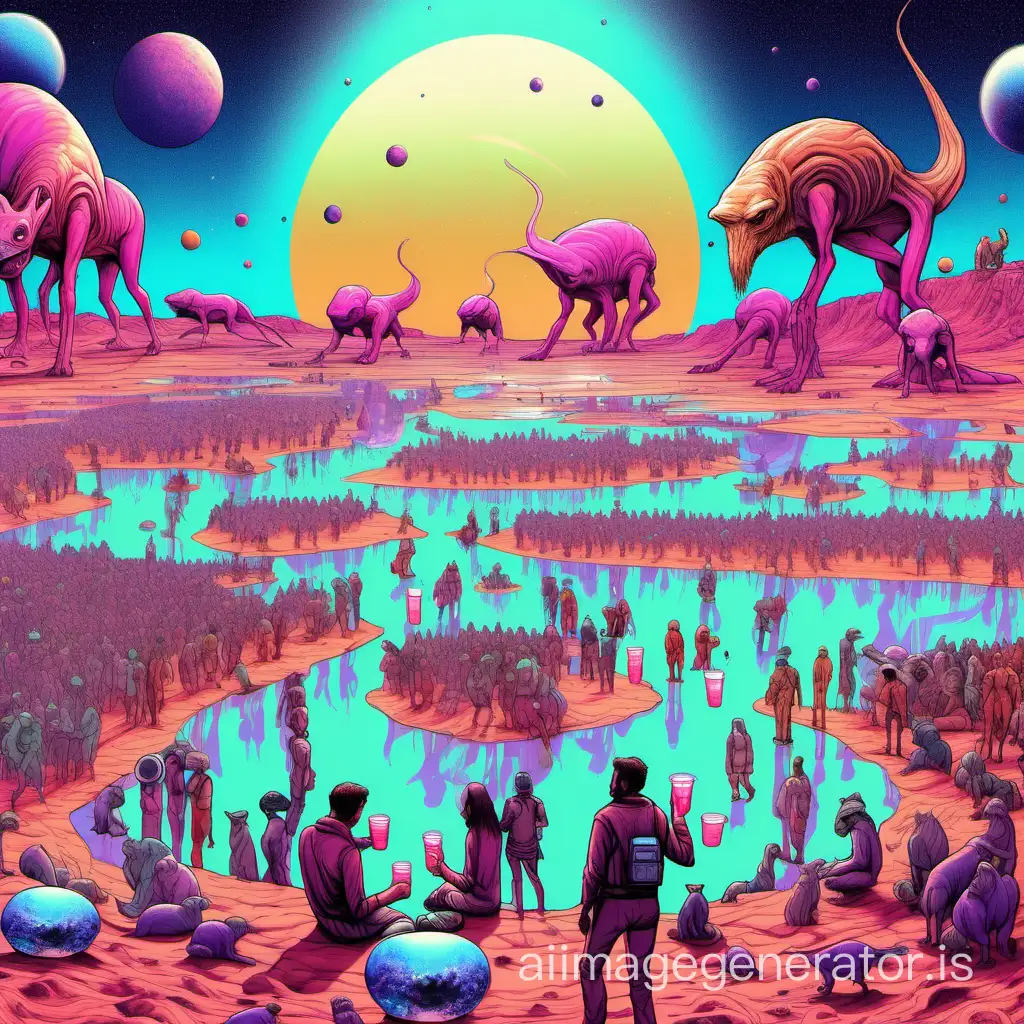 a crowd of humans drinking psychedelic water, on an alien planet with never-before-seen animals