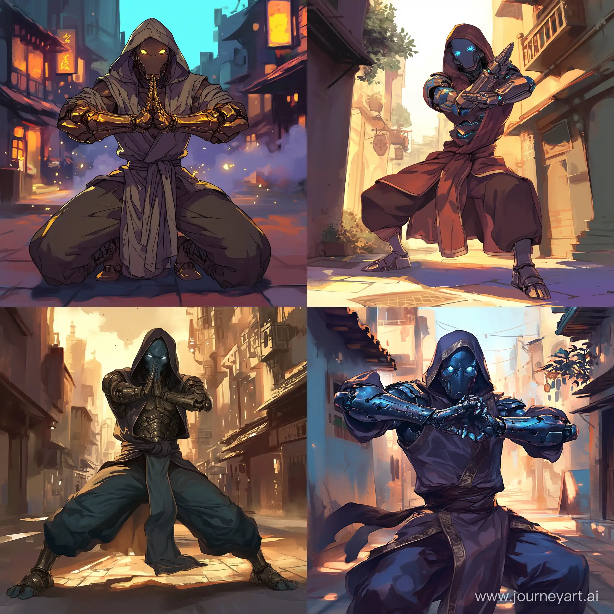 D&D PC, male warforged, slender build, hooded robes, monk, martial arts stance, standing in a city street --niji 6