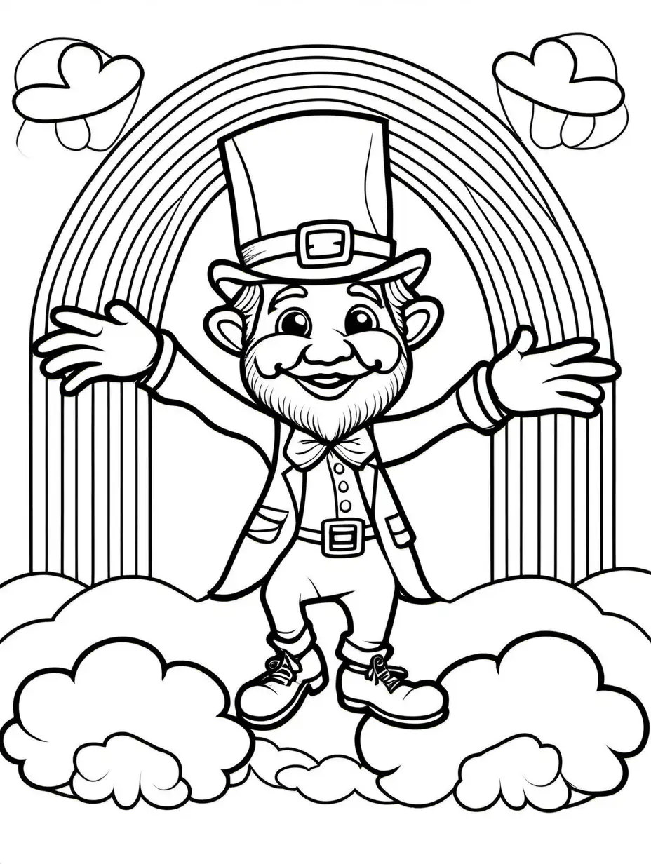 Leprechaun balancing on a rainbow for St. Patrick's Day for kids, Coloring Page, black and white, line art, white background, Simplicity, Ample White Space. The background of the coloring page is plain white to make it easy for young children to color within the lines. The outlines of all the subjects are easy to distinguish, making it simple for kids to color without too much difficulty