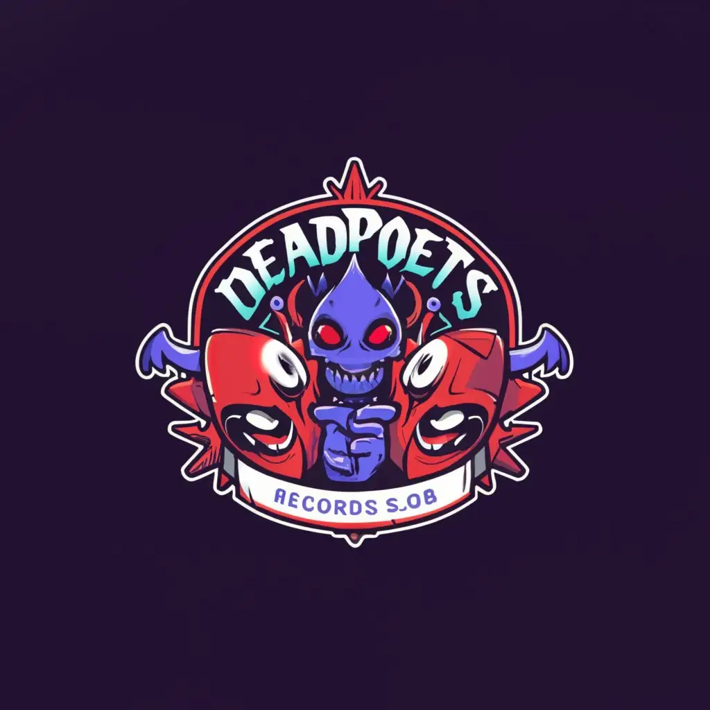 a logo design,with the text "DeadPoets Records S.O.B", main symbol:RAP Modern HipHop Vibes Dead Poets OKC aliens Zombies Devils Red Blue and Purple,complex,be used in Entertainment industry,clear background