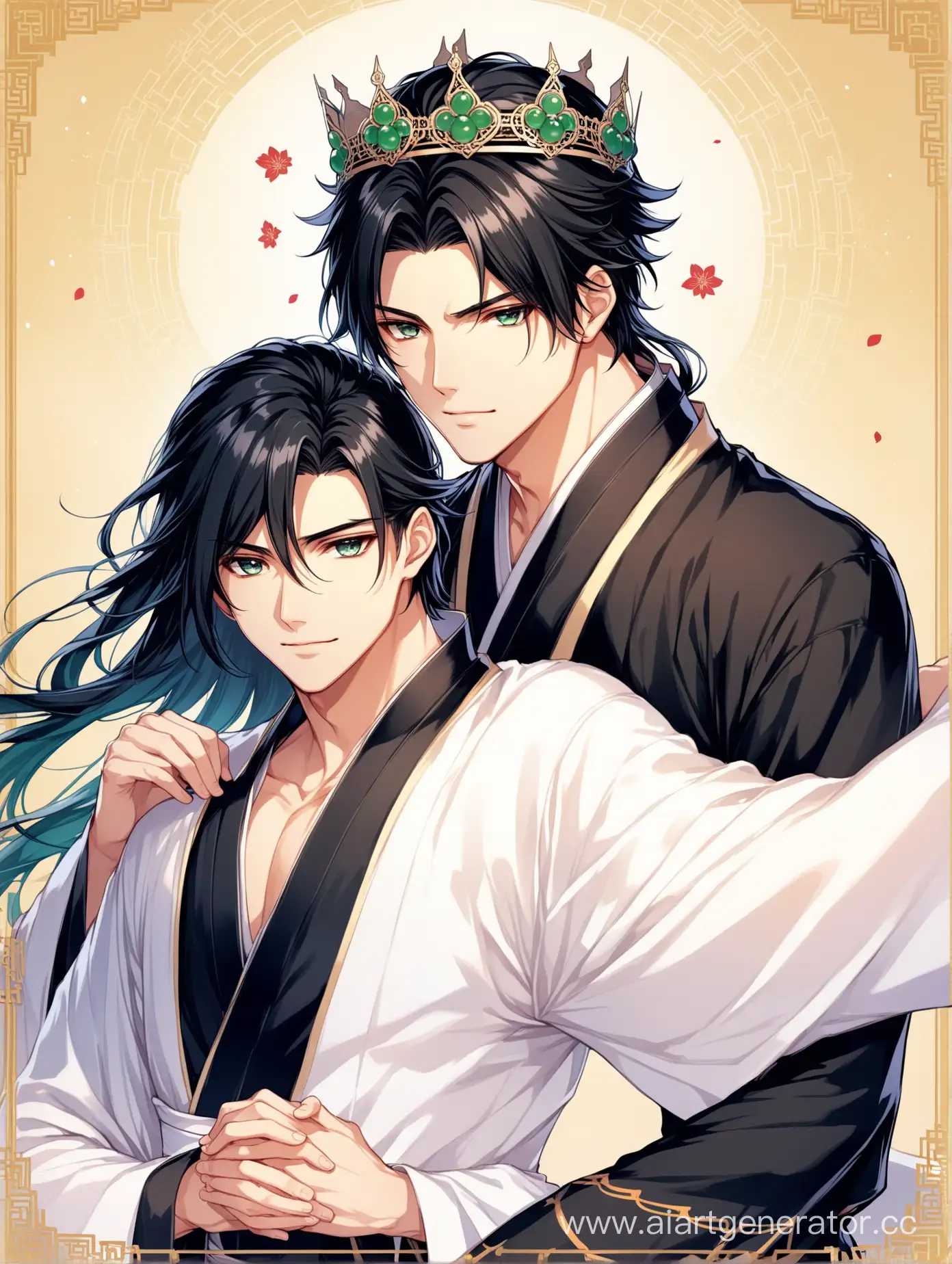 Men's anime couple in white and black hanfu, long black hair with jade crown, beautiful eyes, book cover, xianxia, official art, holding each other hands, beautiful background, book cover style, two handsome men, couple pose, visual novel, art illustration, sketchbook 